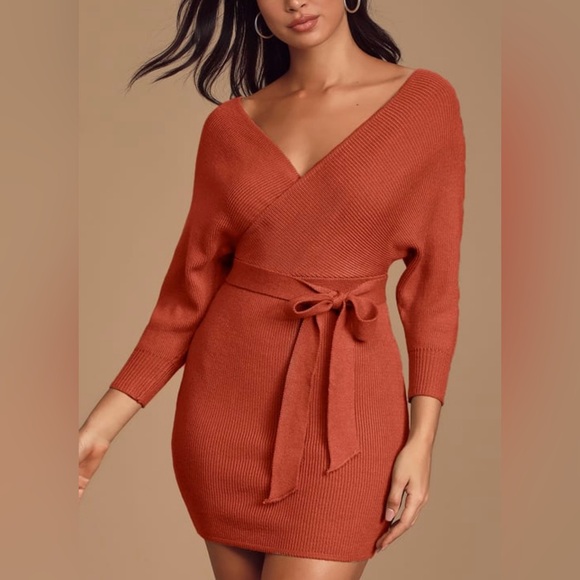 LULUS BURNT ORANGE MINI SWEATER DRESS - Picture 1 of 7